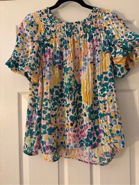 Umgee Teal Yellow Pink Purple Smocked-Neck Floral Peasant Top